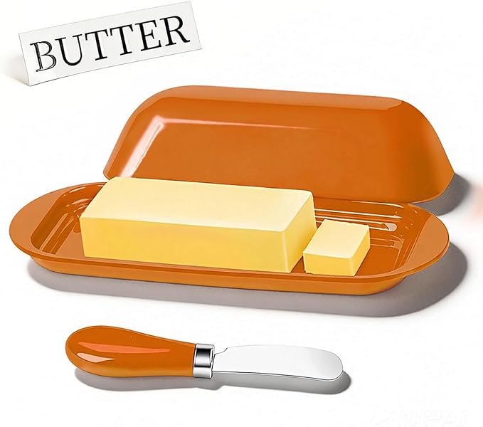BPA-Free Melamine Butter Dish with Lid & Stainless Steel Knife - Farmhouse Butter Keeper for Countertop & Refrigerator, Dishwasher Safe, Holds 1 Stick with East & West Coast Butter-Orange