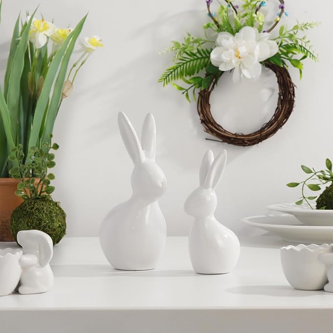 Easter Decorations: Elegant White Ceramic Bunny Figurines Set of 2, Cute Farmhouse Rustic Easter Rabbit Statue Different Size for Spring Easter Holiday Home Office Table Party Decor