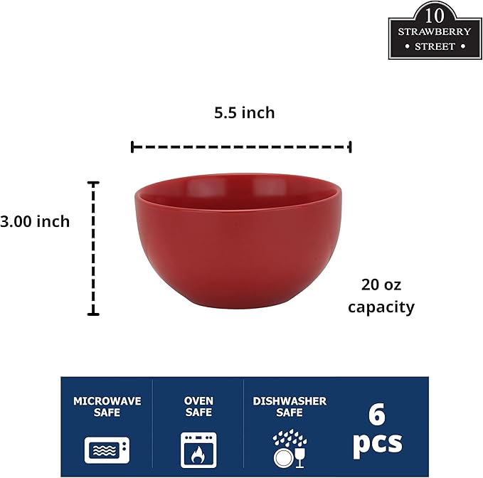 10 Strawberry Street Wazee Matte 5.5"/16oz Cereal Bowl, Set of 6, Red