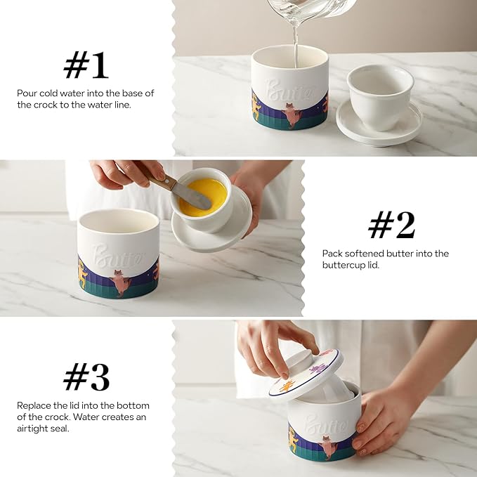 Toptier Butter Crock for Counter With Water Line, On Demand Spreadable Butter, Ceramic Butter Keeper to Leave On Counter, French Butter Dish with Lid (Animal Paradise)