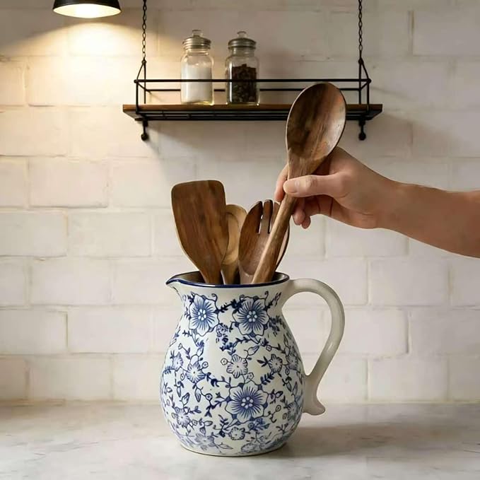 Rustic Ceramic Utensil Holder, 6.1" Modern Farmhouse Cooking Utensil Holder for Kitchen Counter with Handle, Kitchen Utensil Organizer Crock (Blue white)