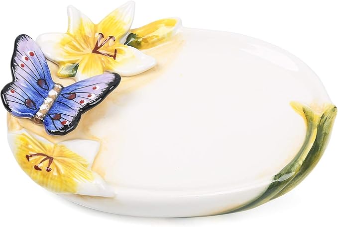 Ceramic Soap Dish Holder, for Bathroom,Tub and Kitchen Sink，3D Butterfly and Lily Design
