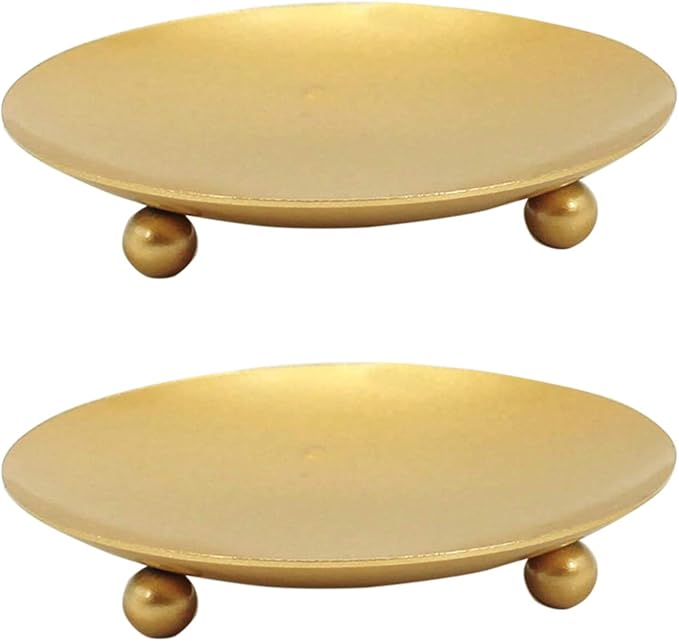 YYaaloa 2 Pack Gold Decorative Iron Plate Candle Holder 4.33'' Candle Stand Candle Plate for LED & Wax Candles, Incense Cones, Spa, Weddings (Gold-2 Pack)