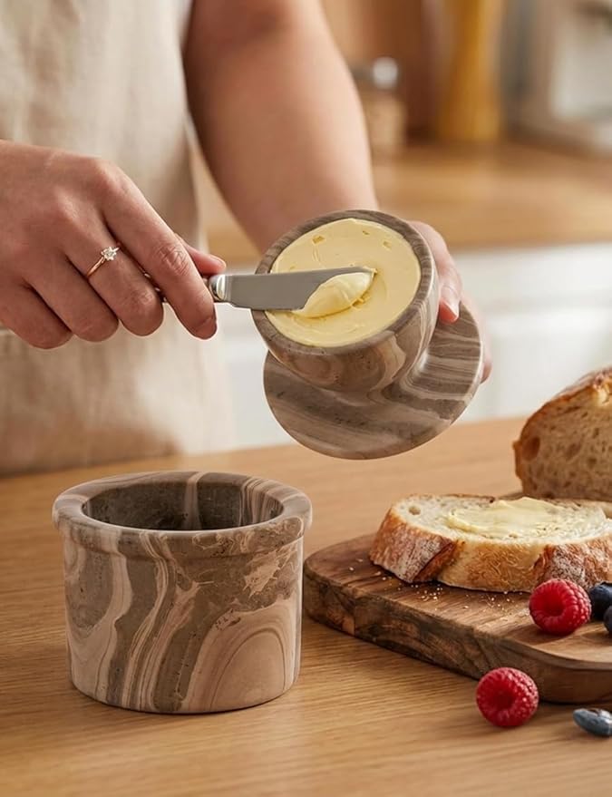 Radicaln Marble Butter Keeper 4.25'' Inches Natural Brown Handmade French Butter Holder For Kitchen Counter Decor Ideal Butter Crock For Counter With Water & Butter Crock For Kitchen