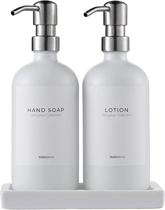 MaisoNovo Soap and Lotion Dispenser Set - Bathroom Soap Dispenser Set with White Soap Dispenser, Silver Pumps & Ceramic Tray