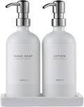 MaisoNovo Soap and Lotion Dispenser Set - Bathroom Soap Dispenser Set with White Soap Dispenser, Silver Pumps & Ceramic Tray