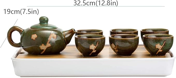 TJ Global Chinese/Japanese Ceramic Tea Set, 100% Handmade Traditional Tea Ceremony Set with Teapots, 6 Teacups, Bamboo Tea Tray with Drainage (Green)