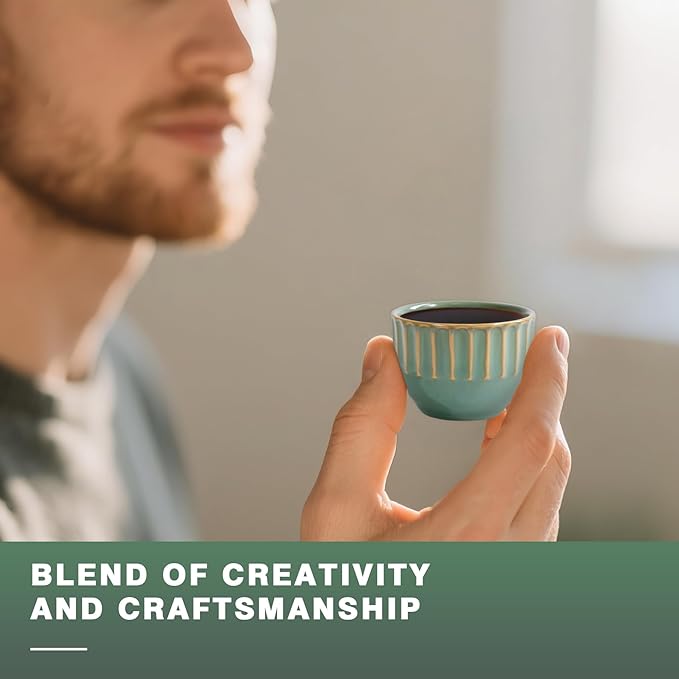Ceramic Espresso Cups Set, Espresso Coffee Mugs, Special Glazed Demitasse Cups Expresso Coffee Cup for Espresso Machine (6-2oz-Stripe Bronze Green)