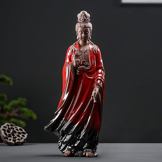 Buddha Statue Ceramic Guanyin Zen Buddha Sculpture Guanyin Sculpture Ceramic Statuette Buddha Crafts Zen Decor (Color : Red)