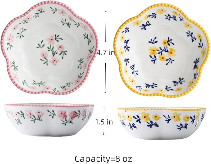 2 Pack 8 OZ Small Floral Candy Dish Ceramic Flower Candy Bowl Cute Ceramic Bowls for Dessert,Snack,Fruit,Yogurt,Ice Cream,Cereal,Dipping Sauce,Side Dishes,Microwave Freezer Safe