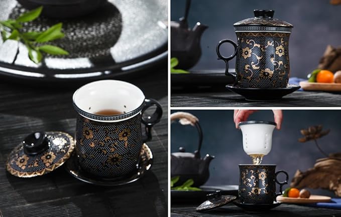 Porcelain Tea Cup with Infuser Lid and Saucer Sets - Chinese Jingdezhen Ceramics Coffee Mug Teacup Loose Leaf Tea Brewing System for Home Office