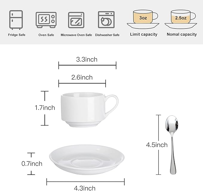 2.5oz Espresso Cups Set of 4, Demitasse cups and Saucers with Spoons for 4, Expresso Shot Cups for Espresso Machine-White