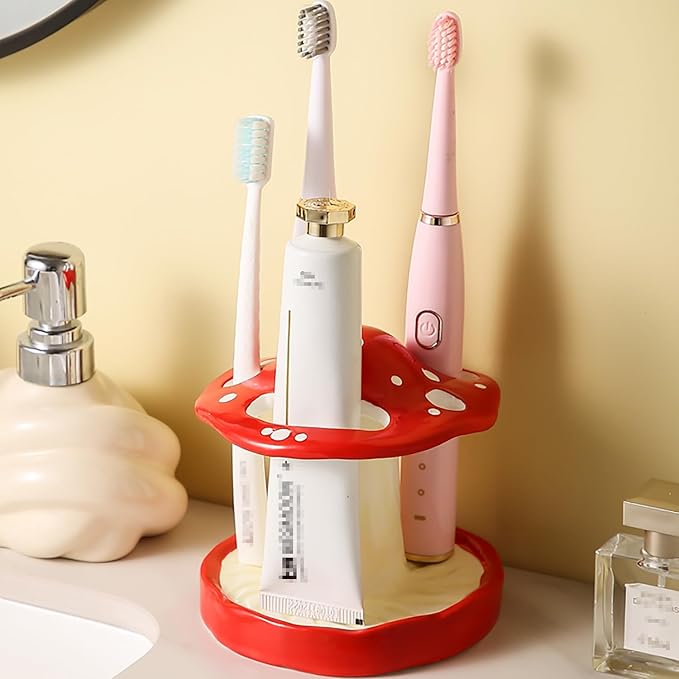 Gaolinci Cartoon Mushroom Ceramic Toothbrush Holder, Bathroom Toothbrush and Toothpaste Storage Decoration