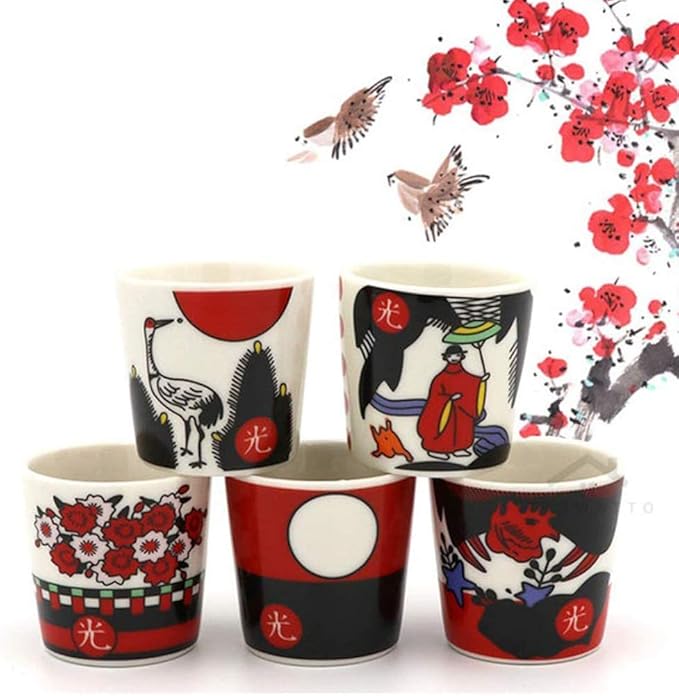 2oz Korea Ceramic Soju Whiskey Shot Glass Set of 5 With Hwatu,Ogwang Korean Traditional Flower Card Game Pattern Print (Soju Shot Set of 5 Wtih HWA-tu,Korean Flower Card Game 1 Set)