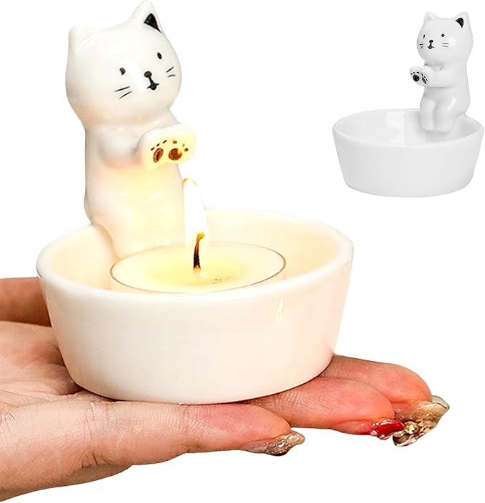 Kitten Candle Holder, Cute Cartoon Cat Candlestick Handmade Scented Candle Sticks Holder Decor Cat Lover Gifts Ca-t Home Decor Candlestick (Not Included Candles)(Color:White)