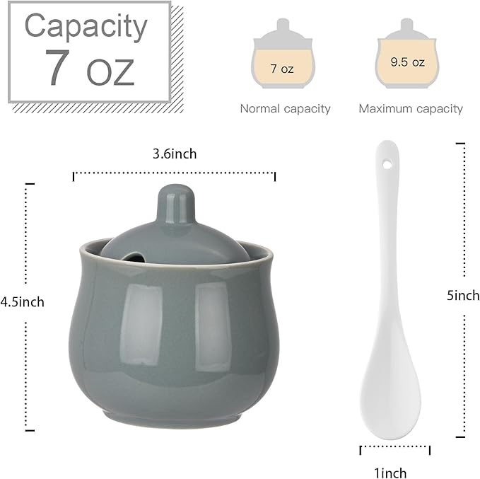 Ceramic Sugar Bowl with Lid and Spoon, Gray Porcelain Sugar Salt Pepper Storage Jar, 7 Ounces