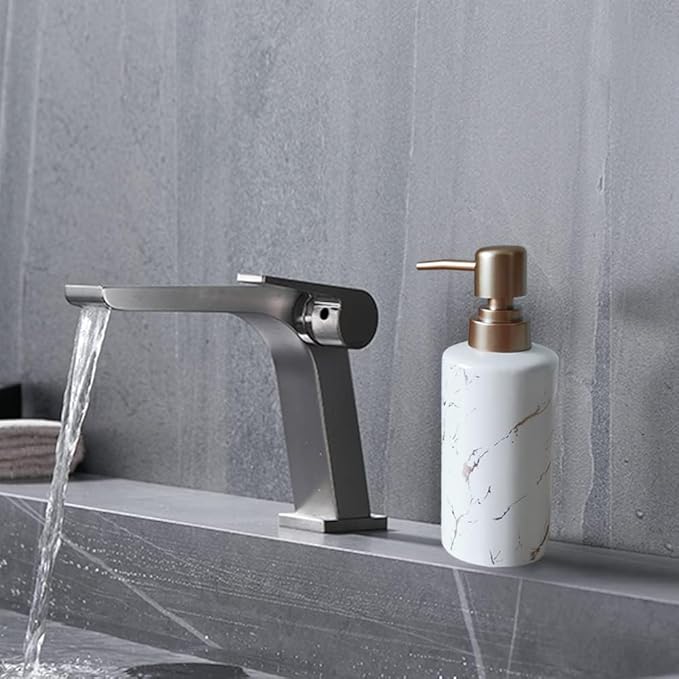 Gold Soap Dispenser for Bathroom or Kitchen, Skinny Ceramic Lotion Bottle with Marble Pattern, Rust-Free Pump(White)