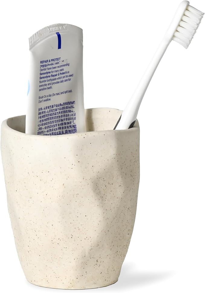 Speckled Beige Rough Ceramic Toothbrush Holder, 4 Inch Matte Undulating Pottery Bathroom Tumbler for Toothbrushes Toothpaste Razors, Countertop Organizer, Pen Holder Desktop Organizer