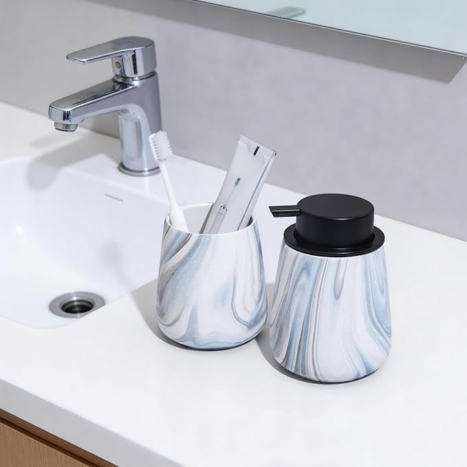 Marble Blue Toothbrush Holder for Bathroom - Ceramic Tooth Brushing Holders, Toothbrush Cup, Toothpaste Organizer for Bathroom Countertop, Makeup Brush Holder, Pen Holder for Home Desktop Storage