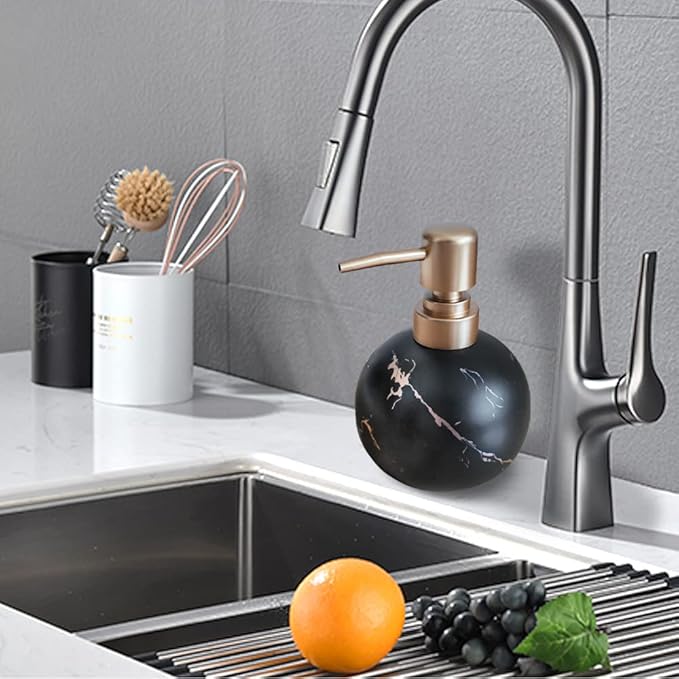 Gold Soap Dispenser for Bathroom or Kitchen, Cute Marble Round Ceramic Lotion Bottle, Rust-Free Pump(Black)