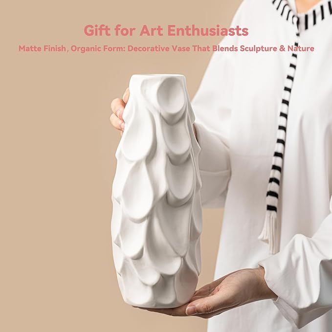 Scalloped Scale Vase - White Matte Ceramic with Textured Sculptural Design, 10.5" Unique Flower Vase for Centerpieces,Decorative Boho Vase for Living Room/Office,Ideal Valentine Gift for Art Lovers