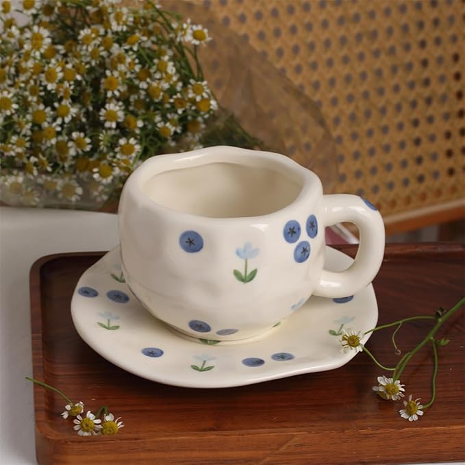 TREEWOO Hand Painted Blueberry Ceramic Coffee Cup and Saucer Set, 250ml/8 oz, Korean Style, Hand Pinched Irregular Cappuccino Latte Tea Cup