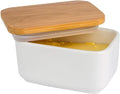 Porcelain Butter Dish with Bamboo Lid, Ceramic Butter Keeper Container for Countertop or Refrigerator, Heat Resistant Kitchen Butter Storage Dish, White (300ml)