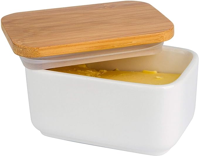 Porcelain Butter Dish with Bamboo Lid, Ceramic Butter Keeper Container for Countertop or Refrigerator, Heat Resistant Kitchen Butter Storage Dish, White (300ml)