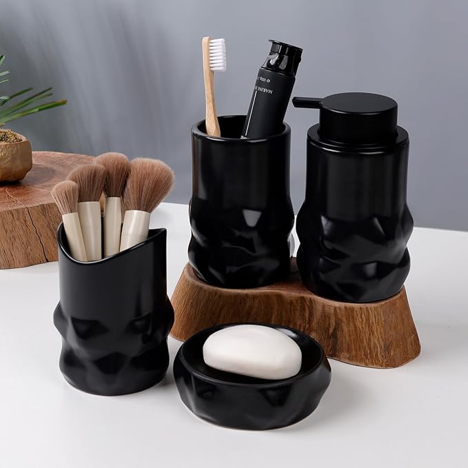 BosilunLife Modern Ceramic Bathroom Accessories Set, Bathroom Counter Set Matte Black Bathroom Decor Sets Accessories Bathroom Lotion Soap Dispenser, Toothbrush Holder Set, Soap Dish, Apothecary Jars