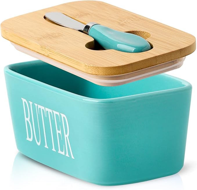 Hasense Butter Dish, Ceramic Butter Container with Lid Holds For Countertop, Large Butter Holder with Knife Spreader for Counter, Silicone Sealing Butter Keeper with Cover for Kitchen,Turquoise