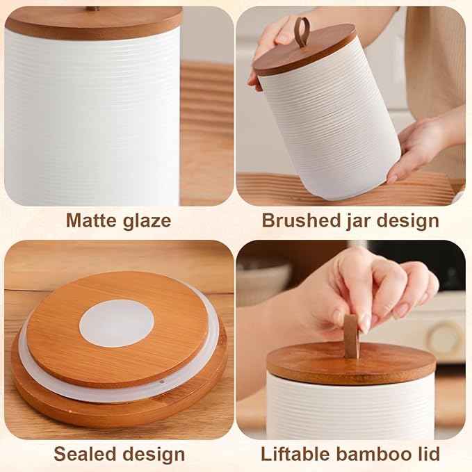 Comeon Ceramics Canister with Lid, Matcha Container Jar for Spice Sugar Tea Bag Coffee Canister Sets for Kitchen Counter with Bamboo Lid (White)