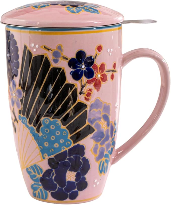 Urban Tokyo Tea Mug With Lid and Stainless Steel Infuser For Loose Leaf Tea Bag Tea Cup 15oz Porcelain Hot Beverage Everyday Use Home Office (Fan Festival)