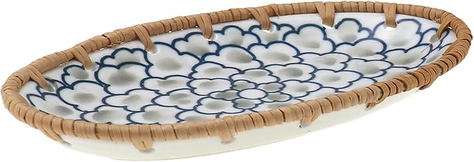 Mini Rattan Ceramic Tray, Oval Fruit/Bread/Cookie/Jewelry Small Storage Porcelain Serving Plate, Vintage Decorative Display Plate for Coffee Table Home Decor Wedding Party Gift (Light Green Cloud)