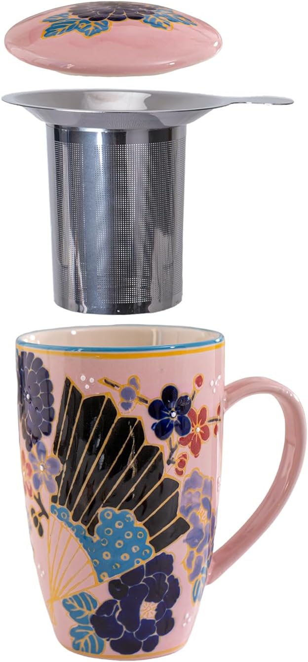 Urban Tokyo Tea Mug With Lid and Stainless Steel Infuser For Loose Leaf Tea Bag Tea Cup 15oz Porcelain Hot Beverage Everyday Use Home Office (Fan Festival)