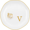Ceramic Jewelry Tray, Personalized Initial Ring Dish, Elegant Trinket Tray for Rings Earrings Bracelet Necklaces, White Decorative Jewelry Holder for Women Vanity, 4.5 Inch, Letter V