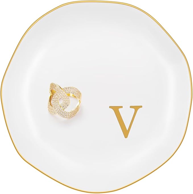 Ceramic Jewelry Tray, Personalized Initial Ring Dish, Elegant Trinket Tray for Rings Earrings Bracelet Necklaces, White Decorative Jewelry Holder for Women Vanity, 4.5 Inch, Letter V