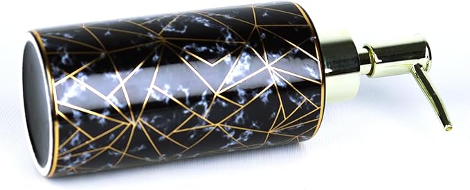 Ceramic Soap Dispenser for Bathroom & Kitchen, Marble Pattern & Gold Thread Decoration - Refillable Liquid Soap Bottle for Hotel (10oz, Black)