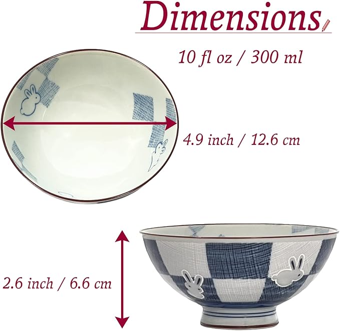 Traditional Style Japanese Ceramics Rice Bowl Chawan Pottery, Dishwasher Microwave Safe Made in Japan (Ichimatsu Usagi, Medium (oohira))