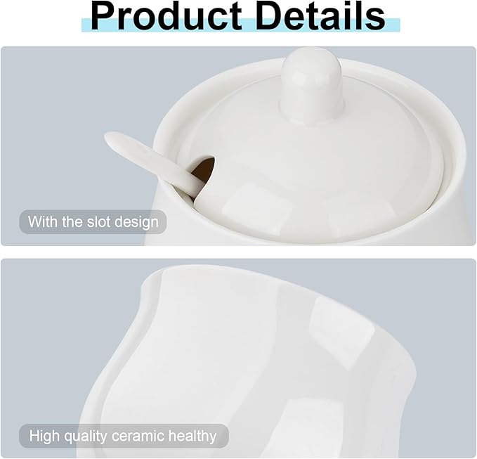 Ceramic Sugar Bowl with Lid and Spoon, Porcelain Sugar Salt Pepper Storage Jar, 7 Ounces