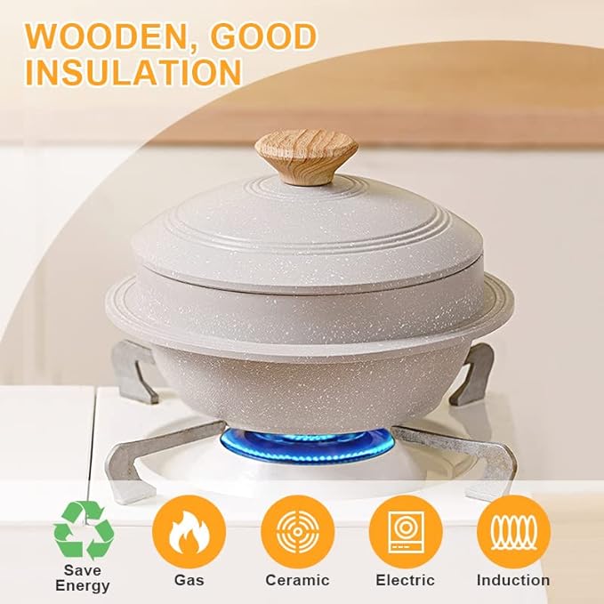 Korean Dutch Oven, Rice Pot, 63 oz Enameled Cast Aluminum Pot with Lid, Korean Stone Bowl for Induction, White