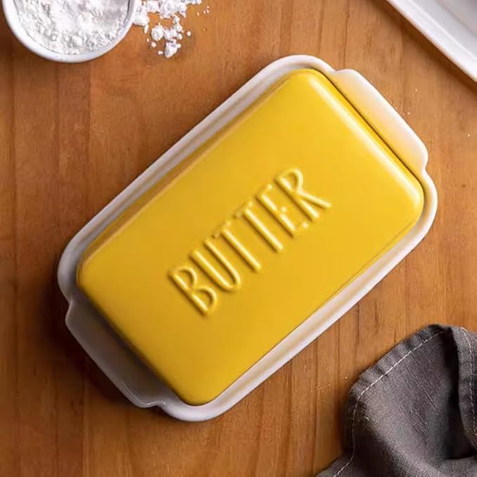 Porcelain Covered Butter Dish with Lid for Countertop Butter Holder Container for One Stick of Butter. Textured Tray Butter Keeper for Non Slip Storage-YELLOW SMALL