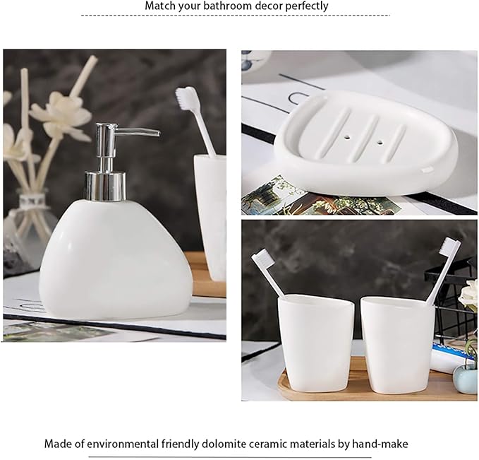White Ceramic Bathroom Accessory Set, Bathroom Vanity Countertop Set, Bathroom Soap Dispenser and Toothbrush Holder Set Complete, 2 Tumbler Cup, Soap Dish, 5 Pieces