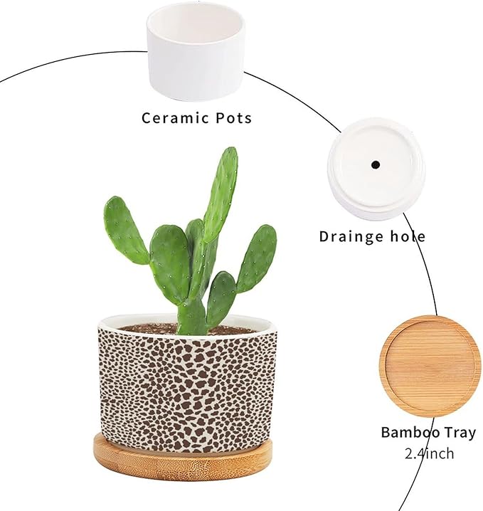 Brown Leopard Print Ceramic Planters African Animal Stripe Planters for Indoor Plants with Drainage Holes and Saucers Pot for Home Office Decoration