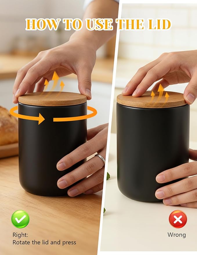 Ceramics Food Storage Jar Canister with Airtight Seal Bamboo Lid, Simple Style Kitchen Canister for Food Storage, Store Coffee, Sugar, Tea, Spices and More (Black (27.05oz/800ml))