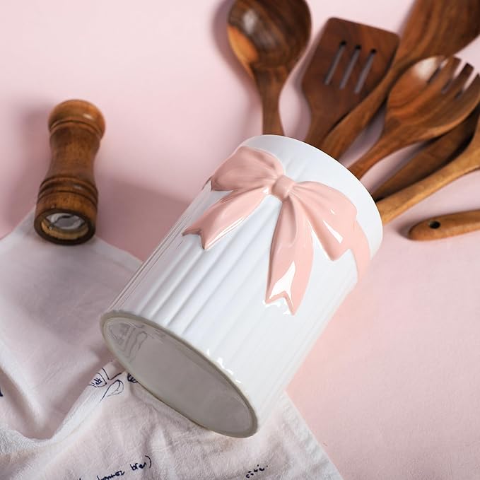 SOCOSY White Ceramic with Pink Bow-knot Kitchen Utensil Holder For Countertop, Large Cooking Utensil Crock Holder Spatula Holder