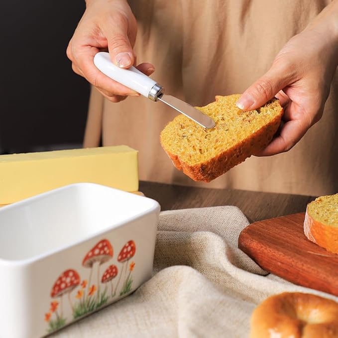 WAIT FLY Mushroom Ceramic Butter Dish with Bamboo Lid and Knife, 2 Sticks Butter Dish Butter Container Keeper for Kitchen Countertop, Home Decorative-Mushroom