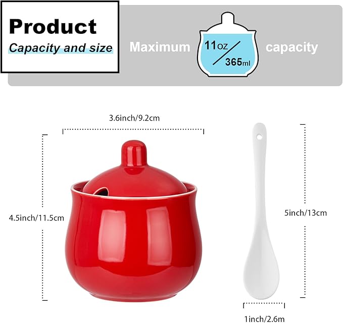 Ceramic Sugar Bowl with Lid and Spoon, Red Porcelain Sugar Salt Pepper Storage Jar, 12 Ounces