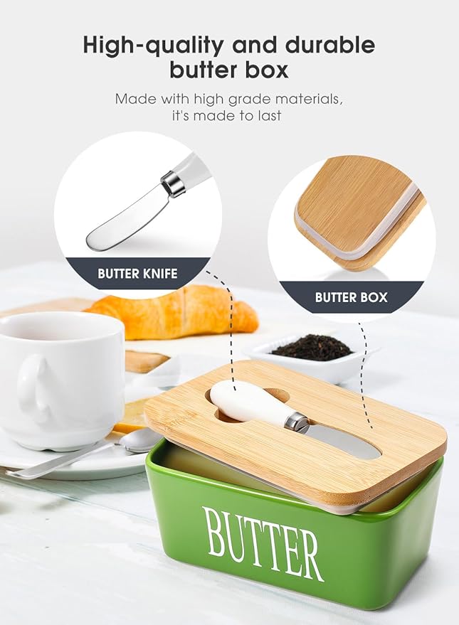Butter Dish with Lid, Home Decor, Large Butter Dish for Countertop Ceramic Butter Keeper Container with Knife and High Quality Silicone Sealing Butter Box Good Kitchen Gift Green