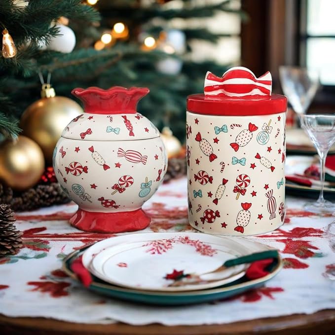 Christmas Cookie Jar with Lid, 2 Pcs Ceramic Candy Jar Canister, Ceramic Storage Jar Container, Decorative Xmas Cookie Container for Holiday Kitchen Counter Displays, Treats, and Gifts (L and M)