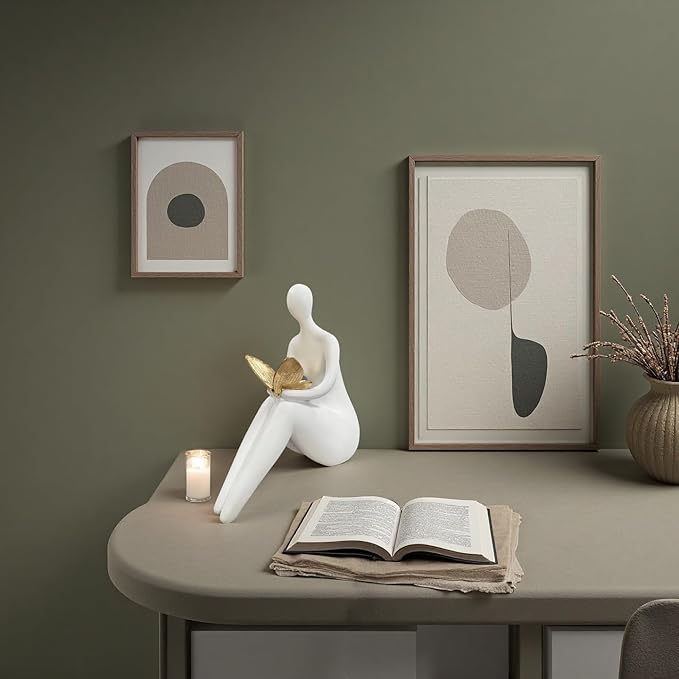 White Abstract Sitting Figurine with Gold Butterfly – Modern Shelf Sitter Sculpture for Home Decor, Minimalist Statue, Elegant Desk Ornament for Living Room, Office & Bookshelf Decoration